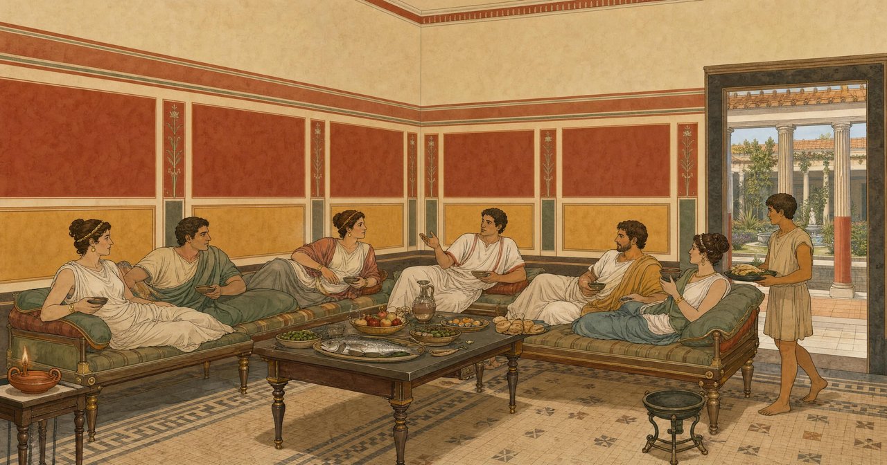 Ilustración de una cena romana en un triclinio de Pompeya, con comensales recostados alrededor de una mesa con pan, aceitunas, pescado y fruta