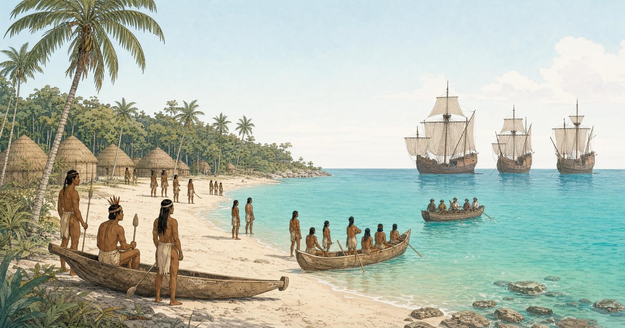 Ilustración de taínos en una playa del Caribe y en canoas observando tres naves europeas fondeadas frente a la costa en octubre de 1492
