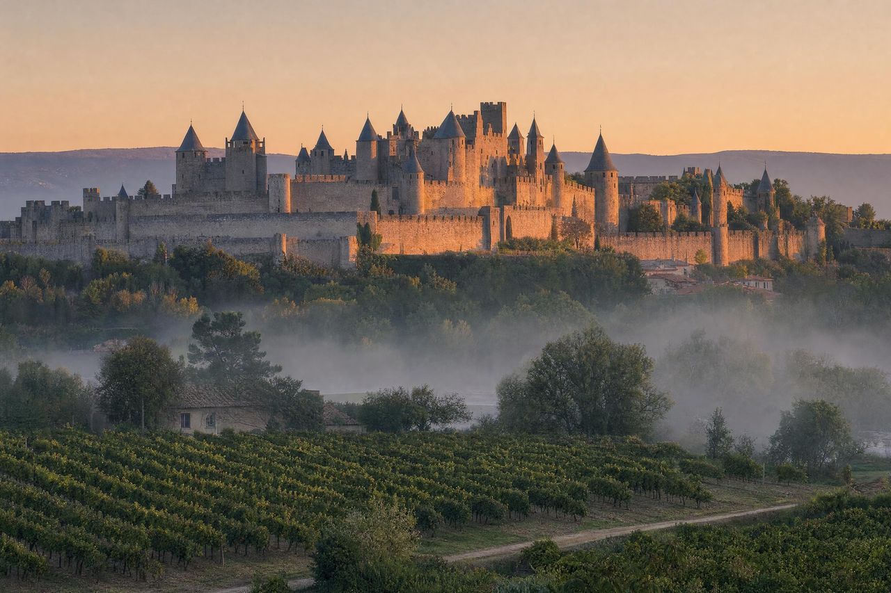La ciudad amurallada de Carcasona, en el sur de Francia, vista desde los viñedos al amanecer (imagen generada con AI)