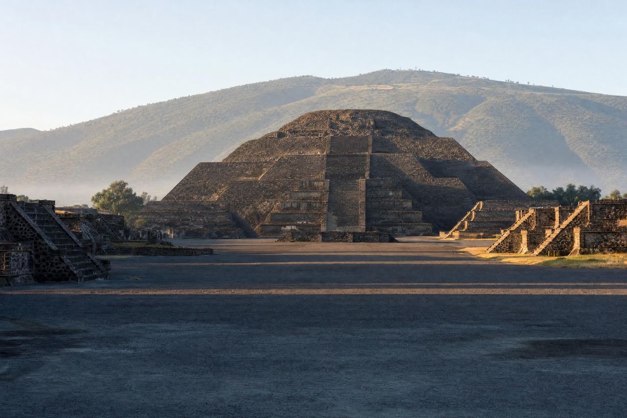 La pirámide de la Luna de Teotihuacán al final de la Calzada de los Muertos, con el cerro Gordo detrás, a primera hora de la mañana (imagen generada con AI)