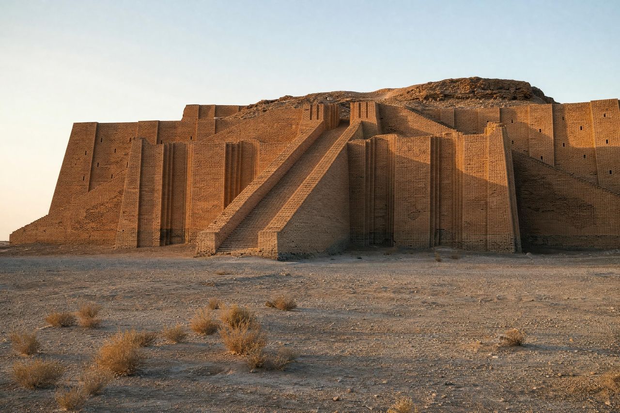 El zigurat de Ur, en el sur de Irak, con su escalinata central de ladrillo iluminada por el sol de la tarde (imagen generada con AI)