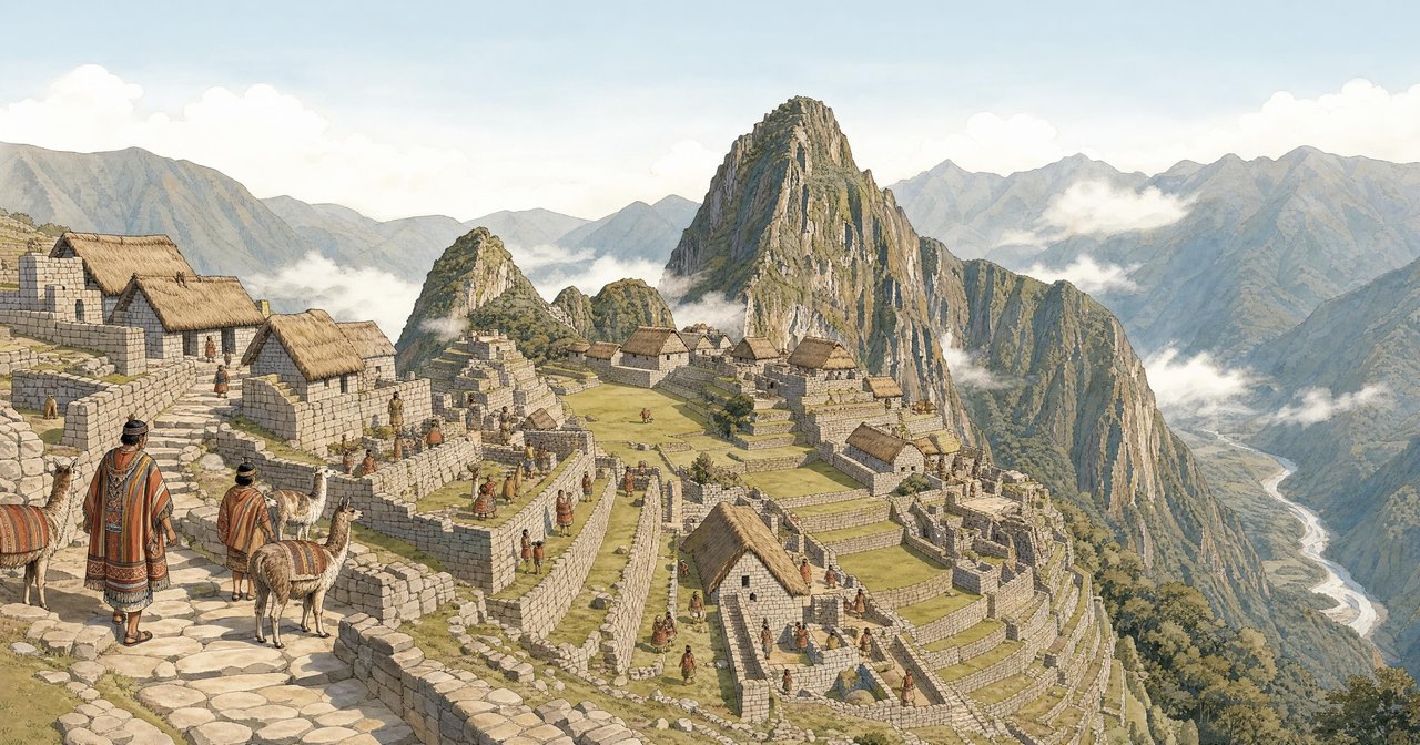 Ilustración de Machu Picchu habitado hacia 1470, con techos de paja, terrazas verdes, personas en los caminos de piedra y el pico del Huayna Picchu detrás