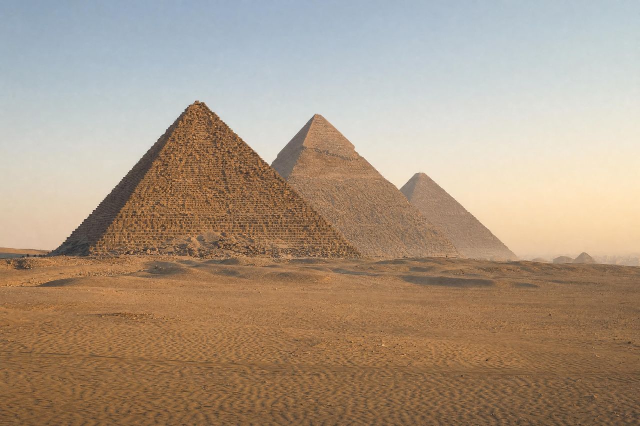 Las tres pirámides de Guiza al amanecer, vistas desde el desierto (imagen generada con AI)