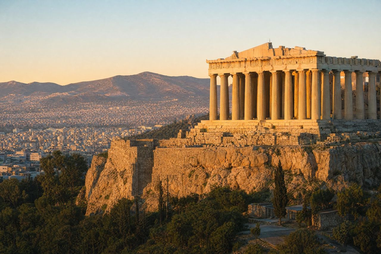El Partenón en la Acrópolis de Atenas al amanecer, con la ciudad y el monte Himeto al fondo (imagen generada con AI)