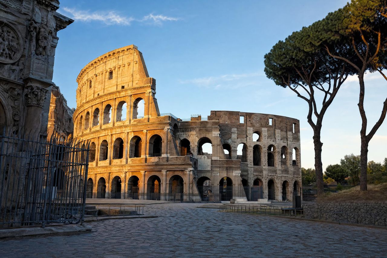 El Coliseo de Roma al amanecer, visto desde la Vía Sacra junto al Arco de Constantino (imagen generada con AI)