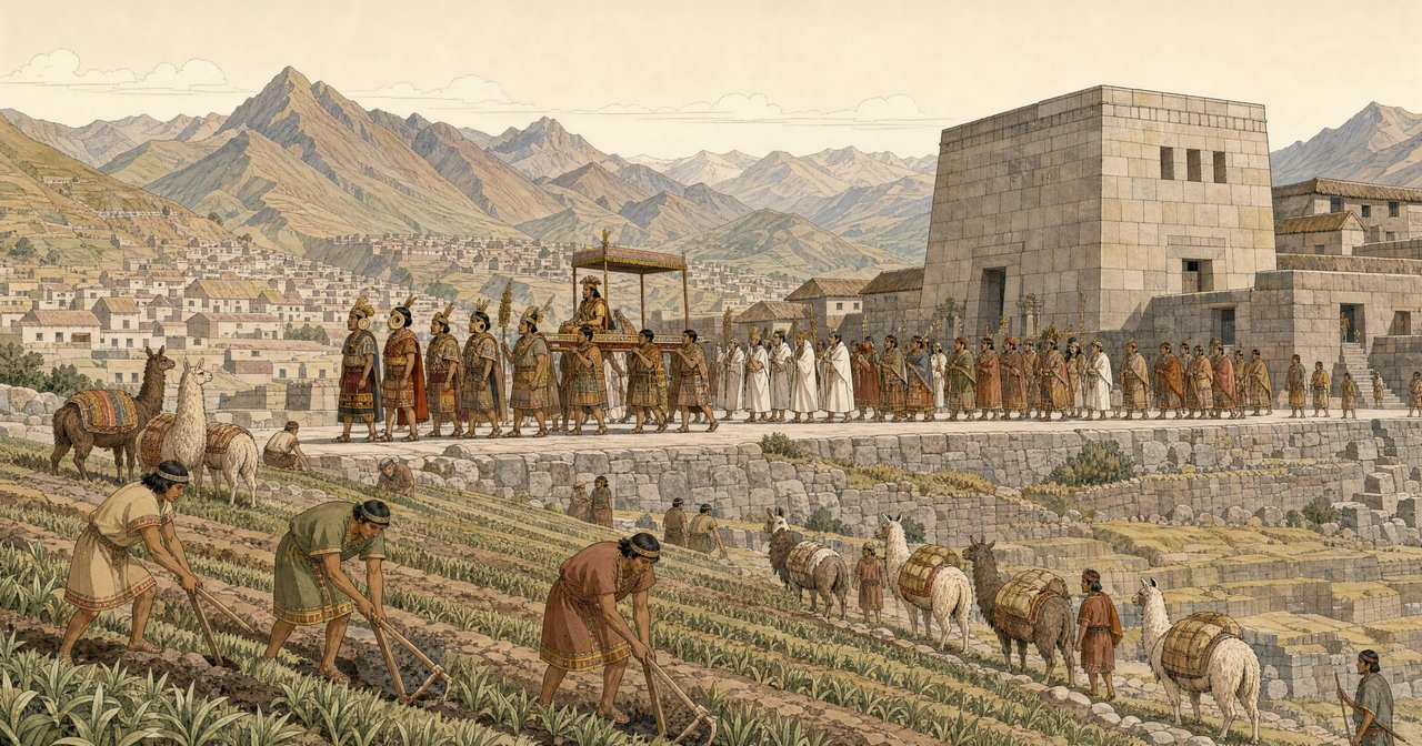 Ilustración de Cuzco en el siglo XV: el Sapa Inca llevado en andas por la plaza seguido de nobles, y campesinos trabajando las terrazas de cultivo con llamas