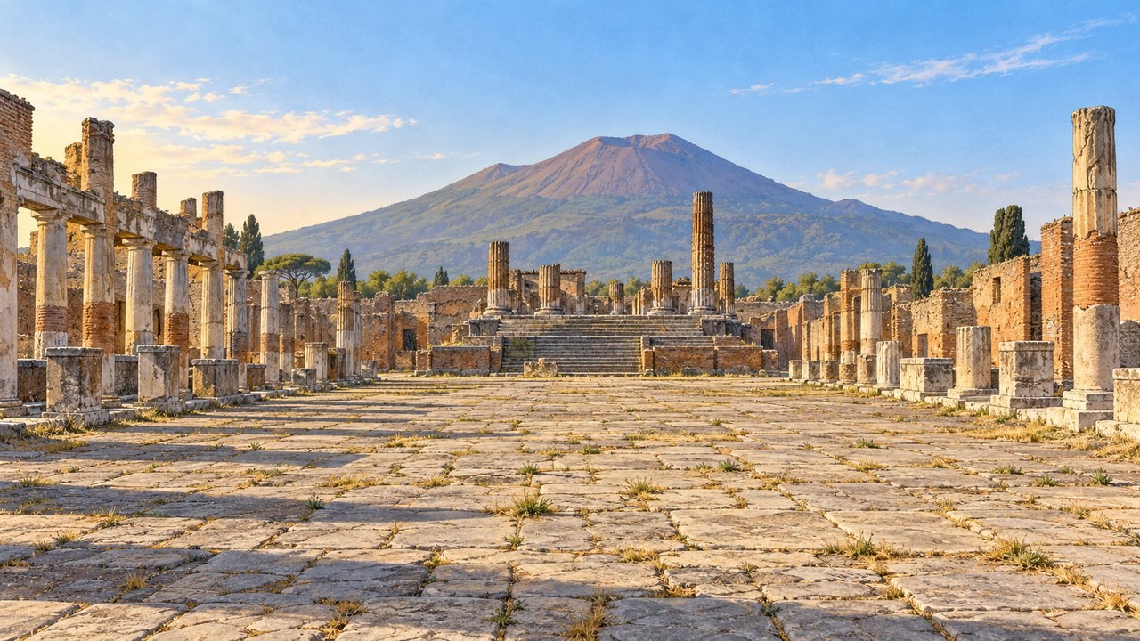 El foro de Pompeya en ruinas: columnas rotas a los lados, la escalinata y el podio del templo de Júpiter al fondo y el Vesubio detrás (imagen generada con AI)