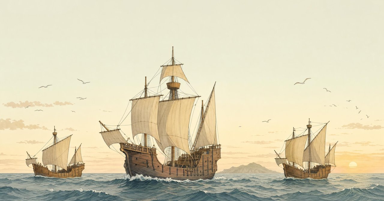 Ilustración de la nao Santa María y las carabelas Pinta y Niña navegando hacia el oeste por el Atlántico al amanecer